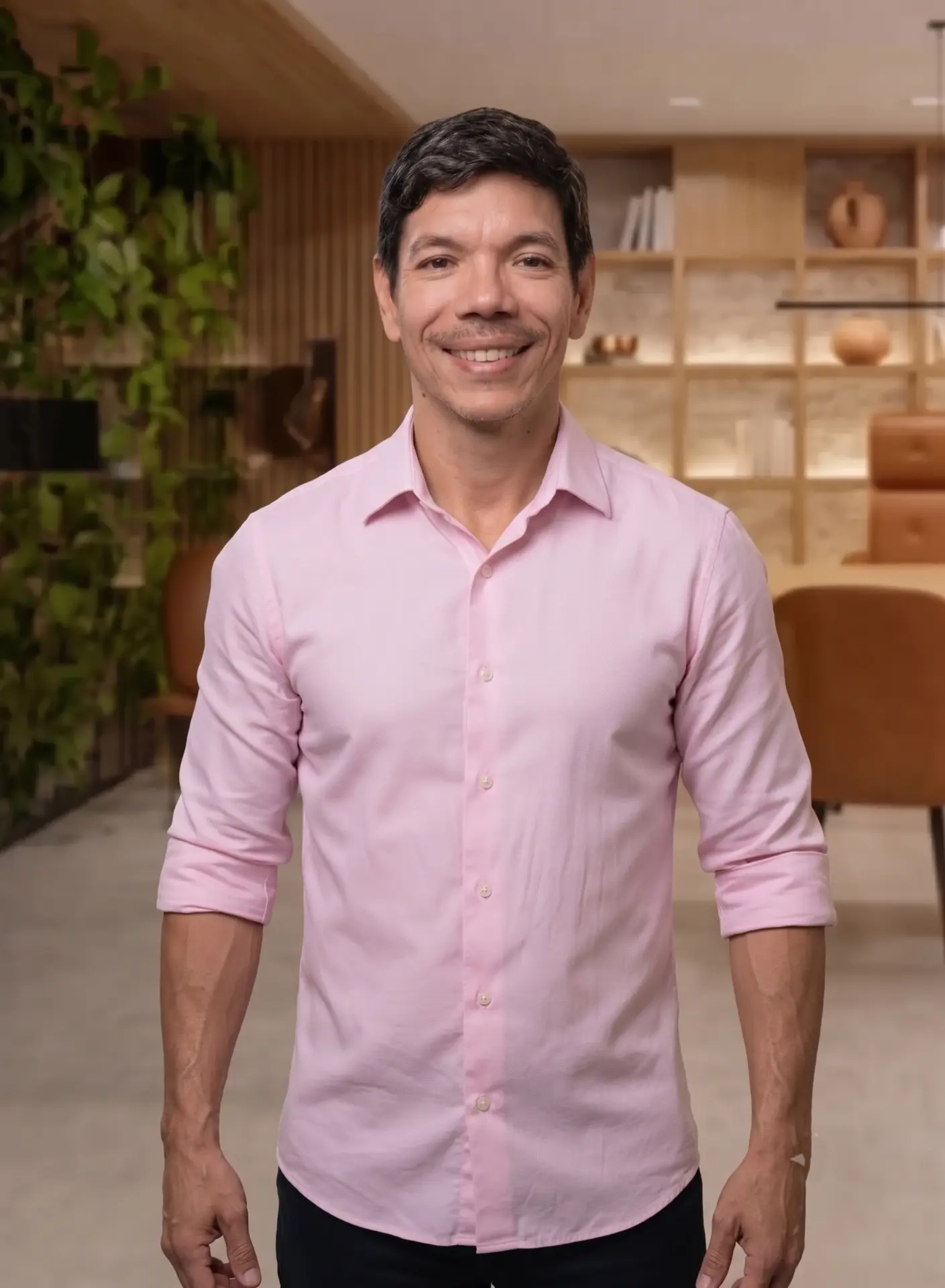 Maurício Araújo, psicólogo, sorrindo em pé no consultório
